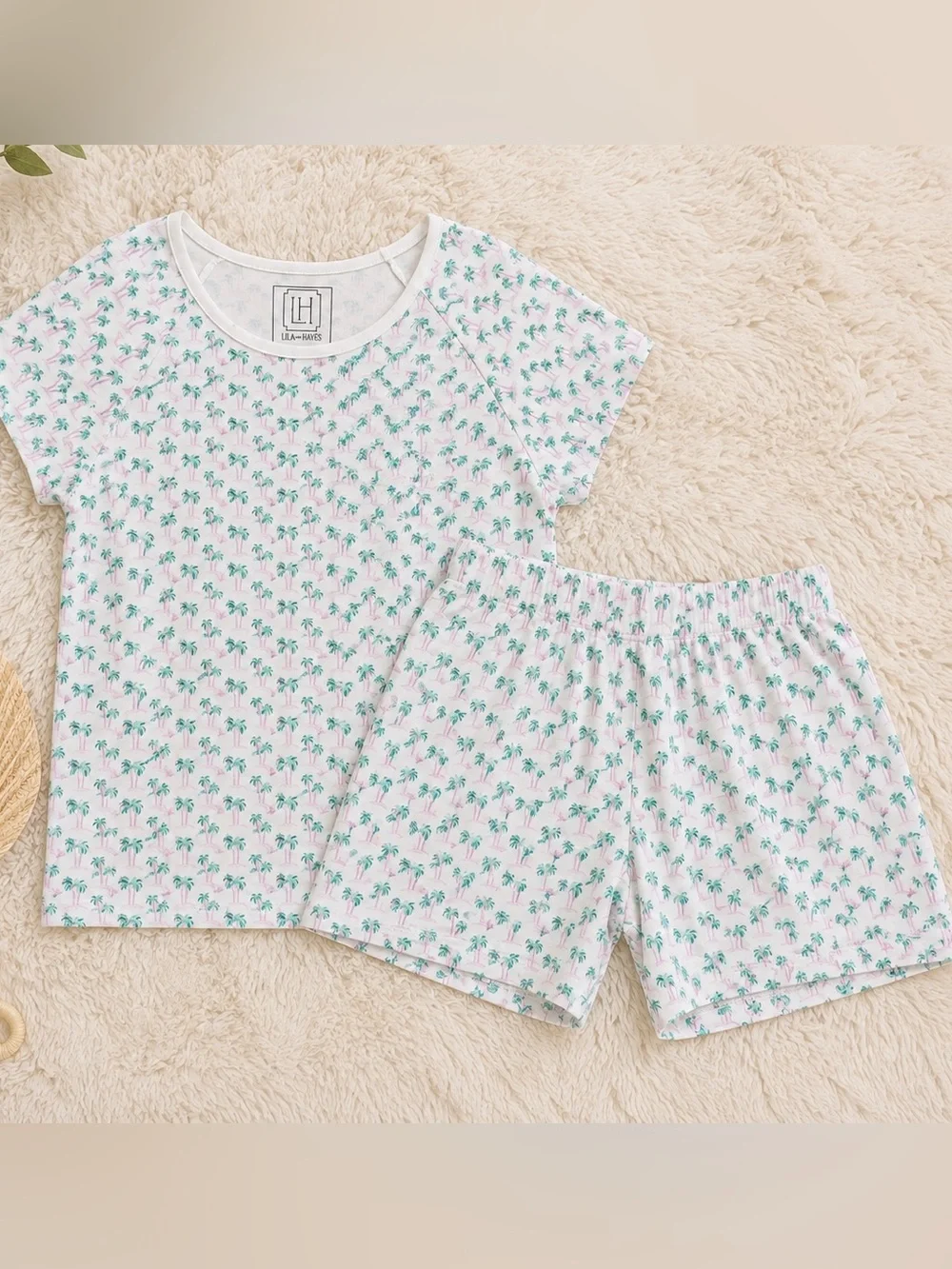 Lila And Hayes Emery Palm Tree Pink Two Piece Shorts Pajama Set NWT